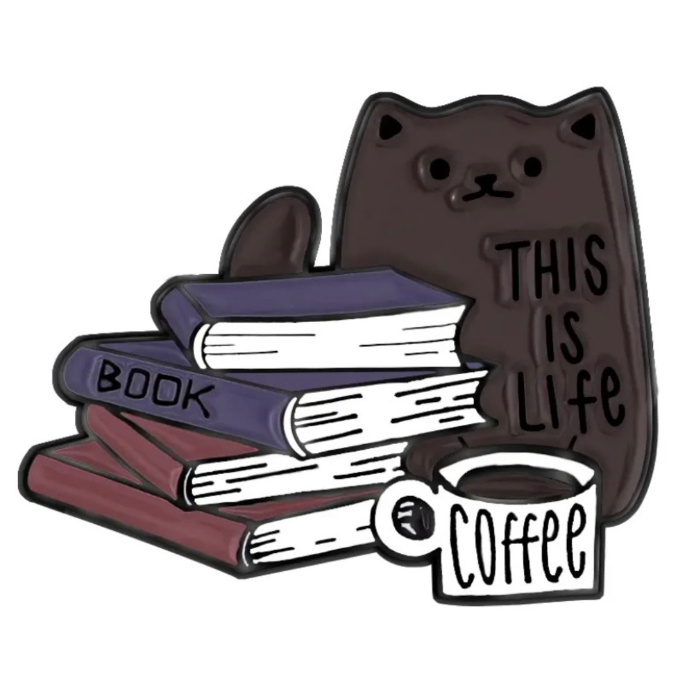 6/$30 This Is Life Cat Books And Coffee Enamel Pin